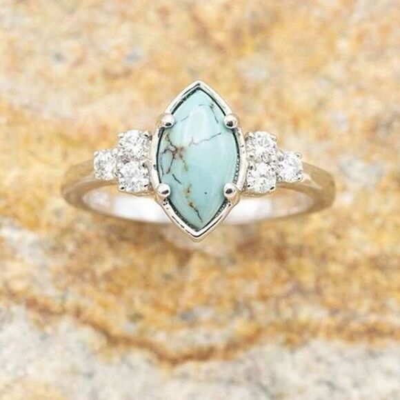 Western Bohemian Navajo Turquoise Wedding Engagement Ring Diamond Ring Set - Picture 4 of 12